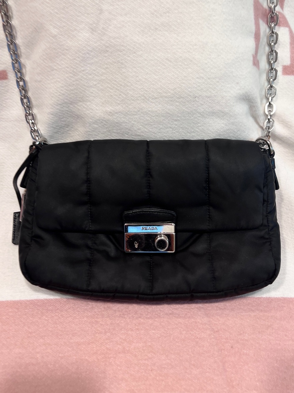 PRADA!⭐️Black Quilted Tessuto/leather Bomber Bag! Crossbody Bag with Silver! - Picture 5 of 16